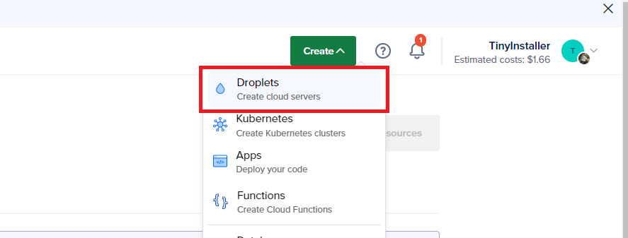 Select Create -> Droplets